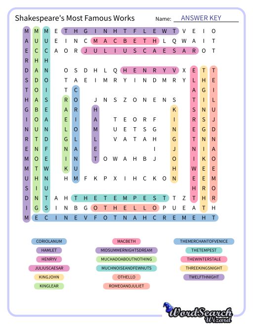 Shakespeare's Most Famous Works Word Search Puzzle