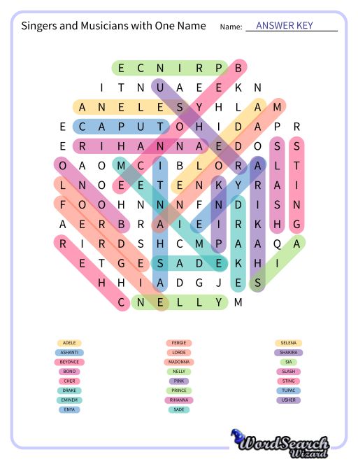 Singers and Musicians with One Name Word Search Puzzle
