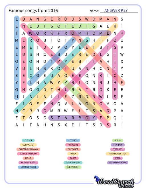 Famous songs from 2016 Word Search Puzzle
