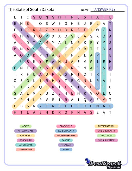 The State of South Dakota Word Search Puzzle