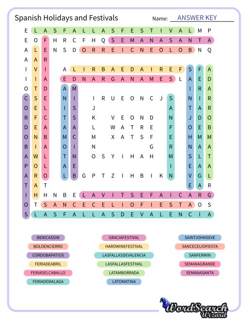 Spanish Holidays and Festivals Word Search Puzzle