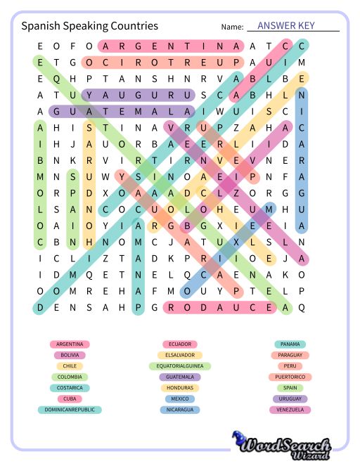 Spanish Speaking Countries Word Search Puzzle