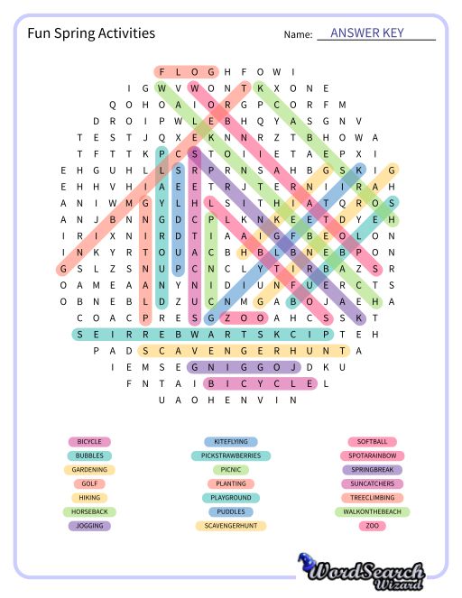 Fun Spring Activities Word Search Puzzle