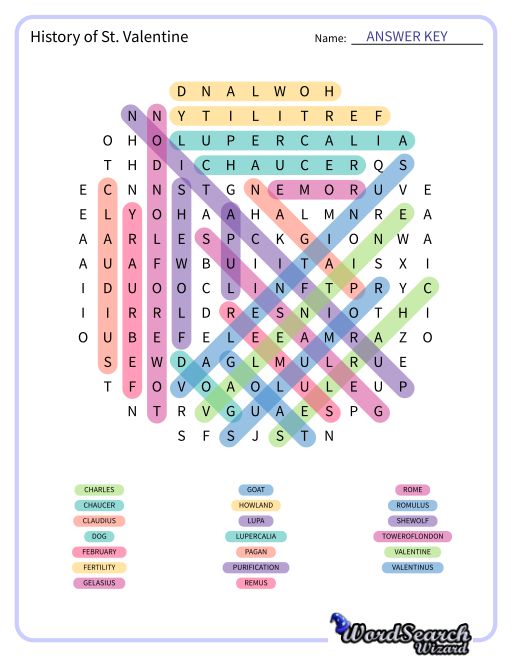 History of St. Valentine Word Search Puzzle