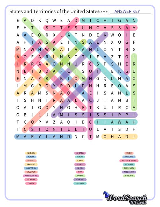States and Territories of the United States Word Search Puzzle