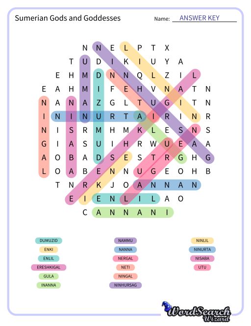 Sumerian Gods and Goddesses Word Search Puzzle