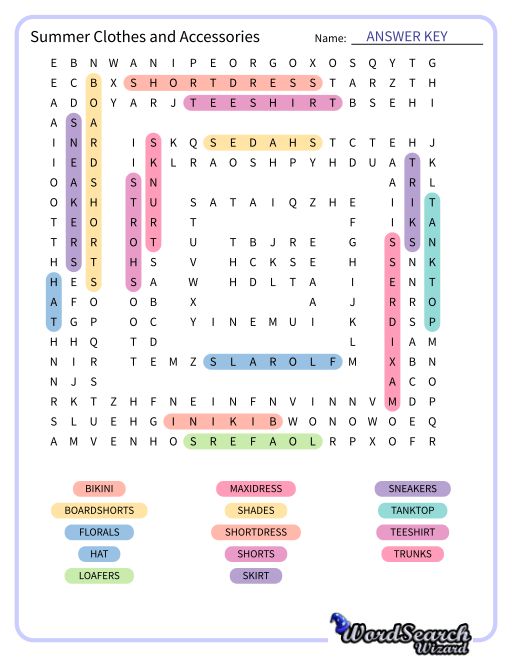 Summer Clothes and Accessories Word Search Puzzle