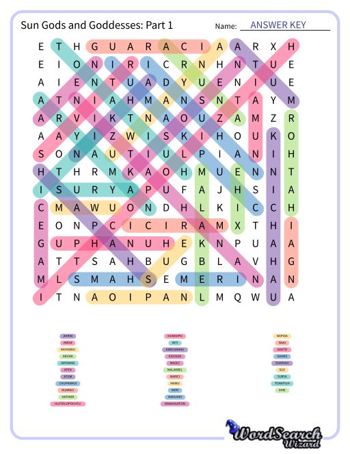 Sun Gods and Goddesses: Part 1 Word Search Puzzle