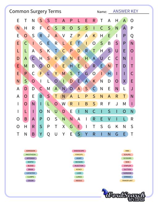 Common Surgery Terms Word Search Puzzle