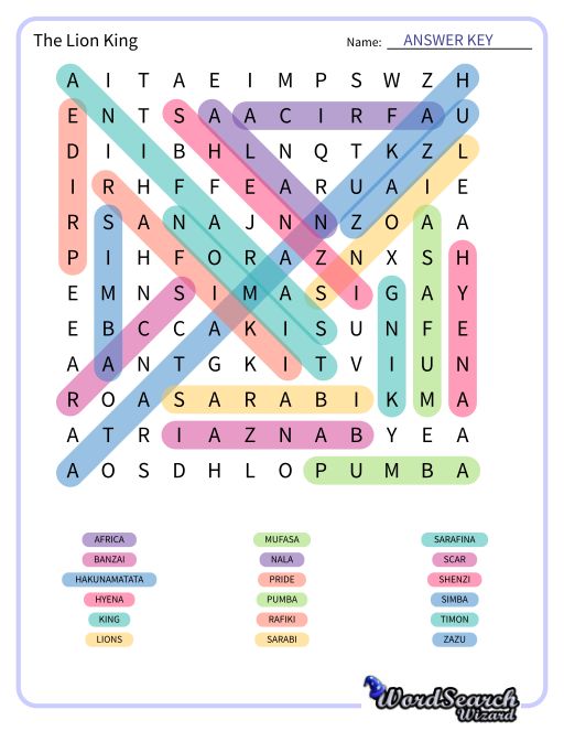 word search puzzle the lion king