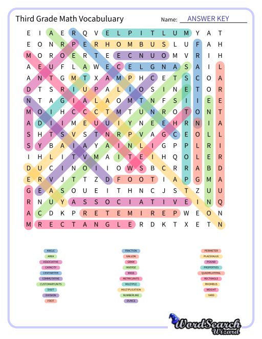 Third Grade Math Vocabuluary Word Search Puzzle