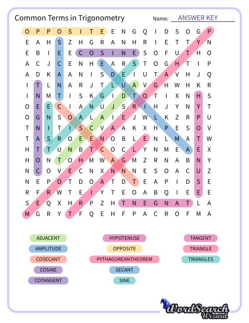 Common Terms in Trigonometry Word Search Puzzle