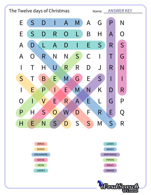 The Twelve days of Christmas Word Search Puzzle