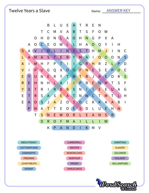 Twelve Years a Slave Word Search Puzzle