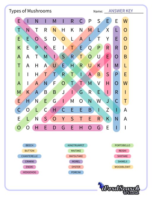 Types of Mushrooms Word Search Puzzle