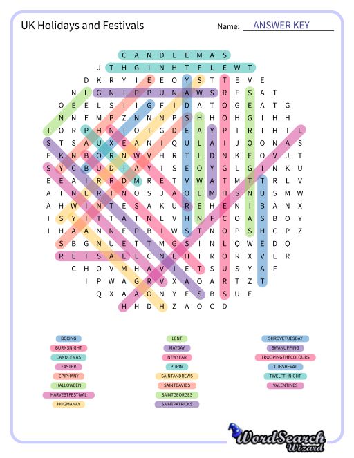 UK Holidays and Festivals Word Search Puzzle