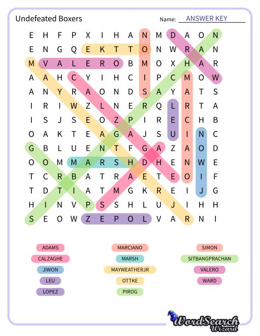 Undefeated Boxers Word Search Puzzle