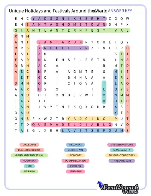 Unique Holidays and Festivals Around the World Word Search Puzzle