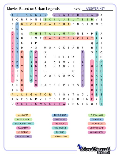 Movies Based on Urban Legends Word Search Puzzle