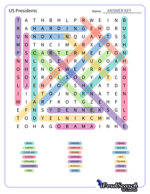US Presidents Word Search Puzzle