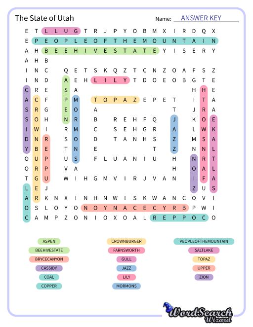 The State of Utah Word Search Puzzle