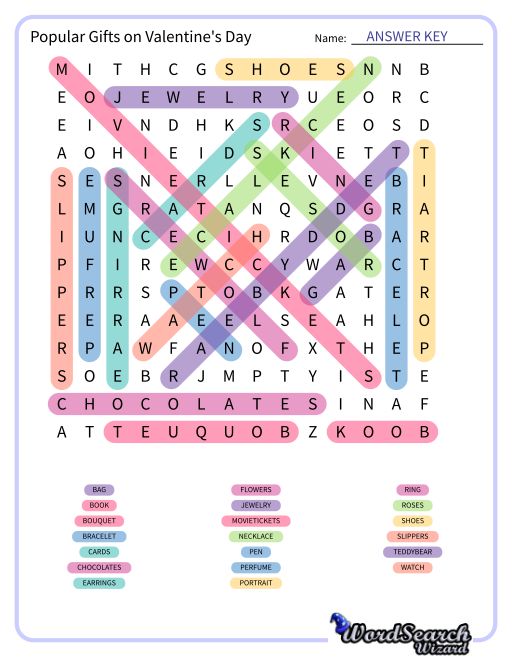Popular Gifts on Valentine's Day Word Search Puzzle