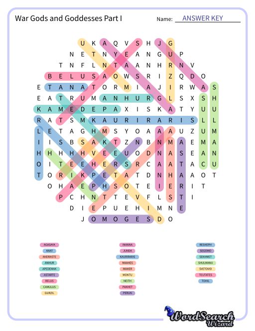 War Gods and Goddesses Part I Word Search Puzzle
