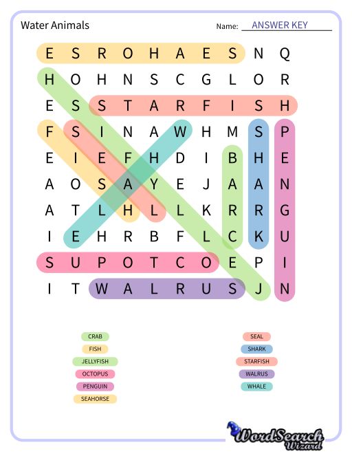 Water Animals Word Search Puzzle