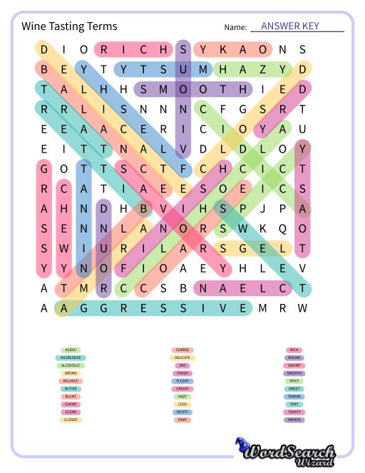 Wine Tasting Terms Word Search Puzzle