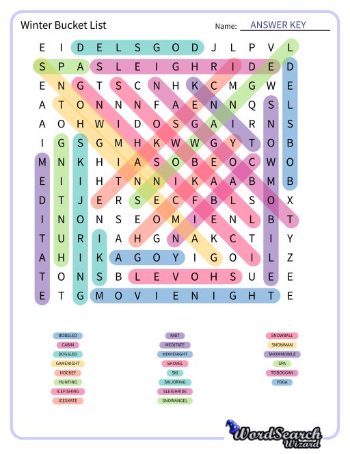 Winter Bucket List Word Search Puzzle