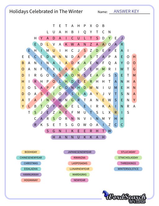 Holidays Celebrated in The Winter Word Search Puzzle