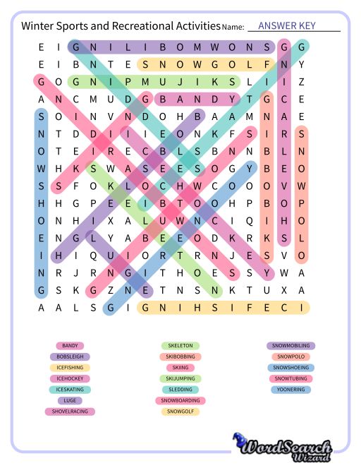 Winter Sports and Recreational Activities Word Search Puzzle