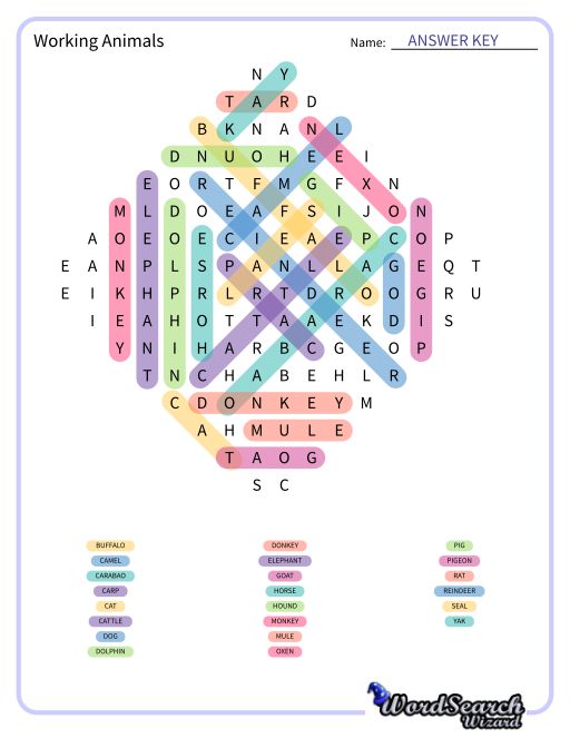 Working Animals Word Search Puzzle