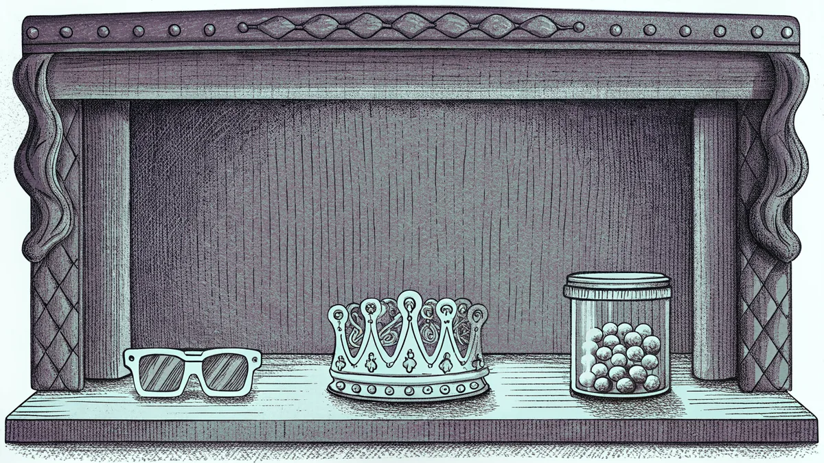 A paper party crown and oversized novelty glasses sit beside a jar filled with counted buttons.
