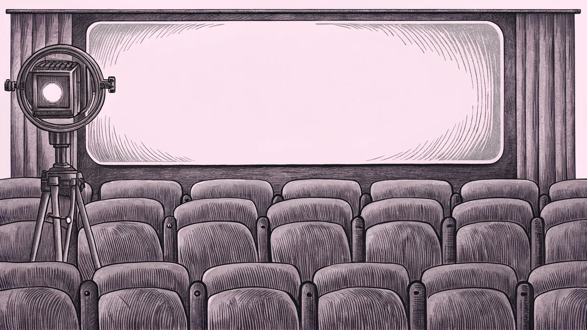 An on-air lamp and remote control sit beside a cinema seat row on a stage.