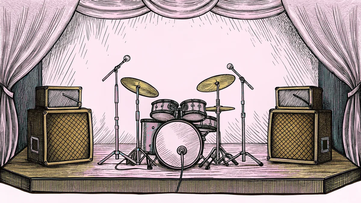 A drum kit sits on stage with large amplifiers and a microphone at center stage.