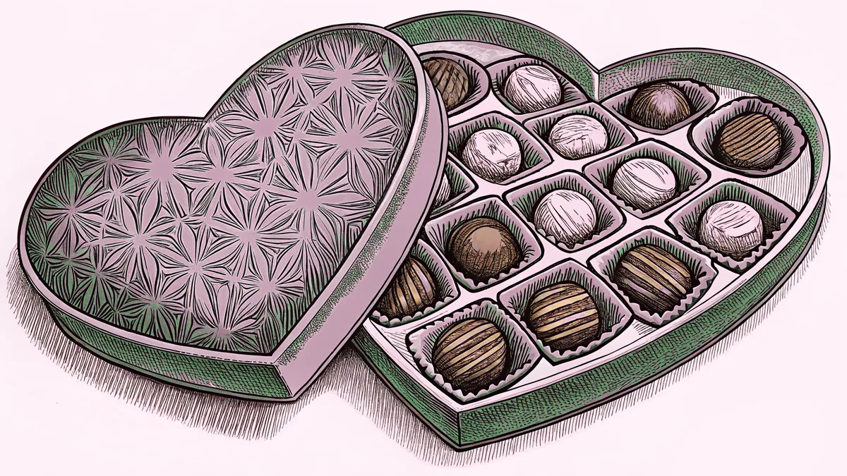 A heart-shaped box of gourmet chocolates overflows with truffles and ganache.
