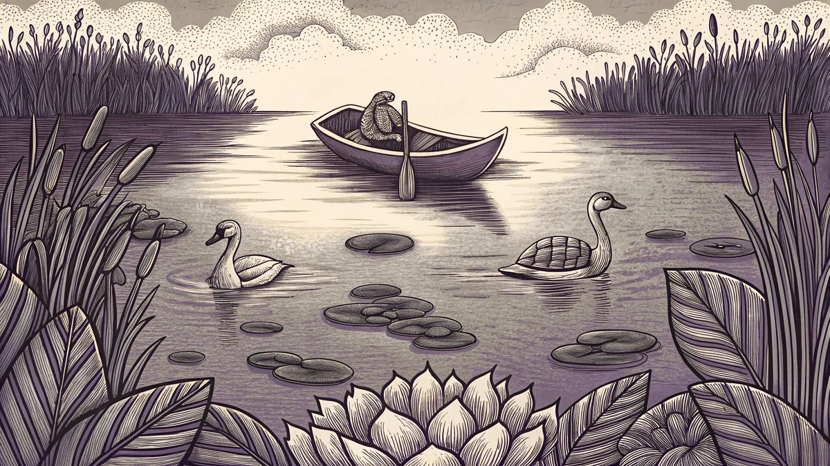 A canoe drifts among lily pads while ducks and a turtle share the lake.