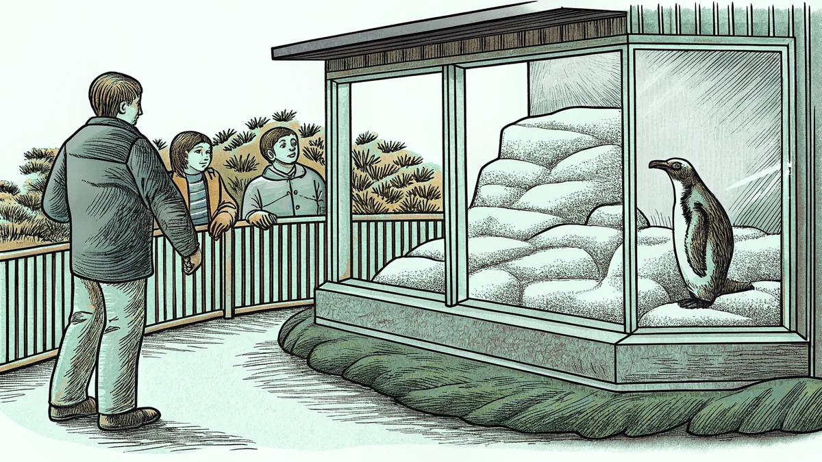 Penguin in zoo enclosure being fed by zookeeper for visitors.