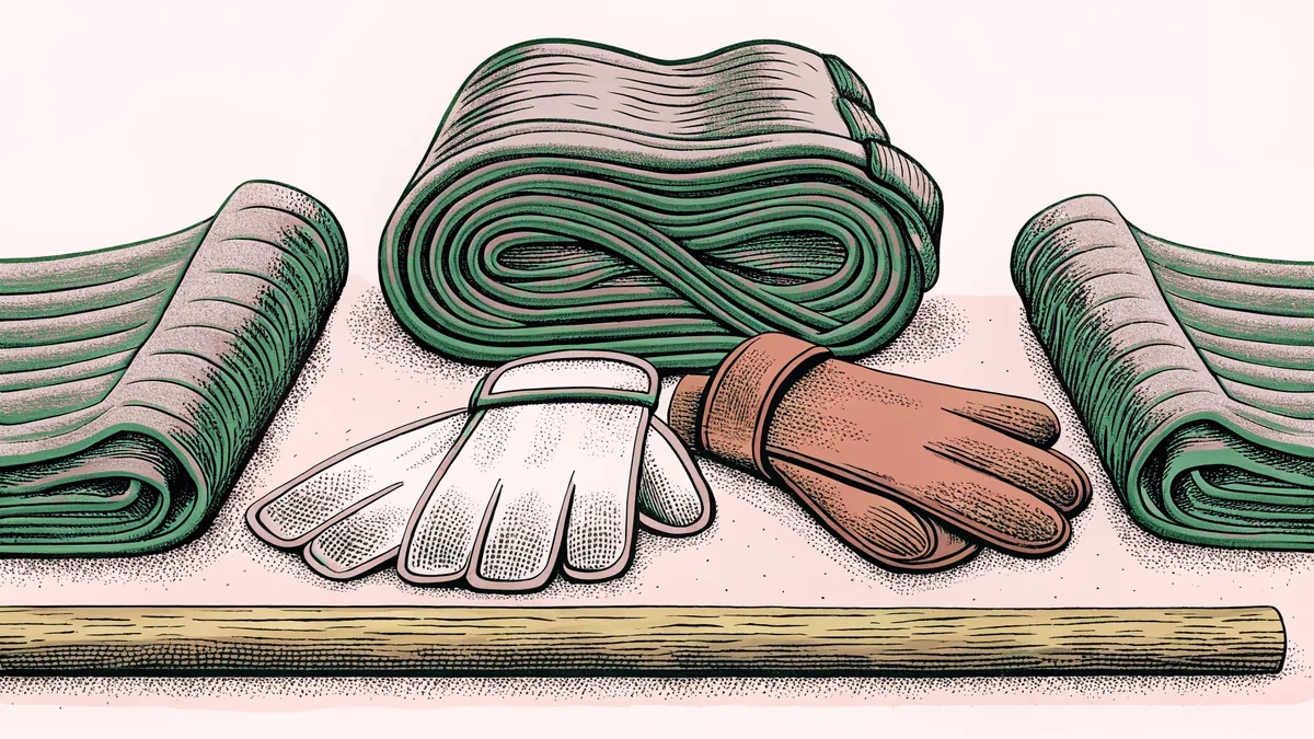 A folded martial arts belt and training gloves rest beside a wooden staff in a dojo.