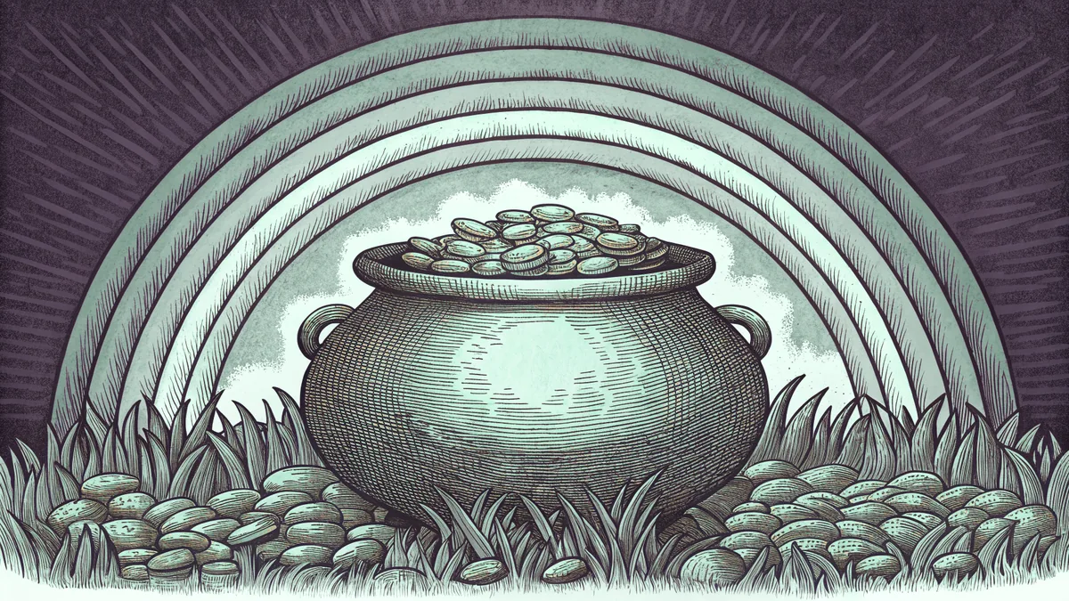 A golden pot overflows with coins positioned at a rainbow's end over green grass.