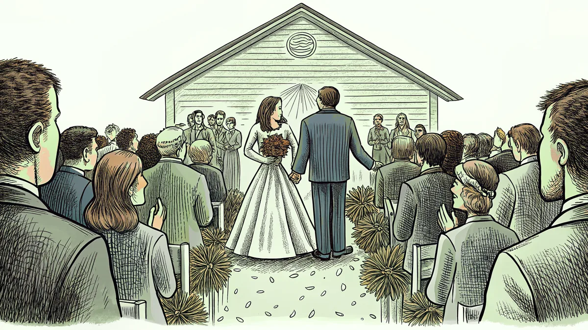 A wedding ceremony scene with bride, groom, flowers, and confetti.