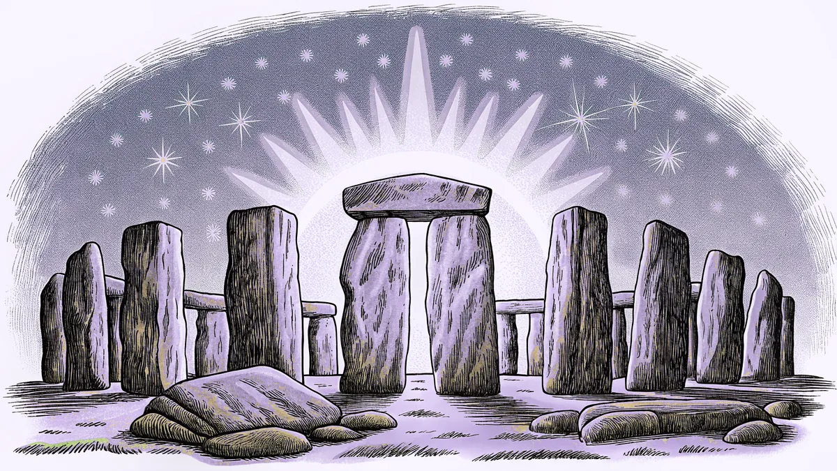 A crystalline tesseract hovers above ancient stone monoliths under starlight.