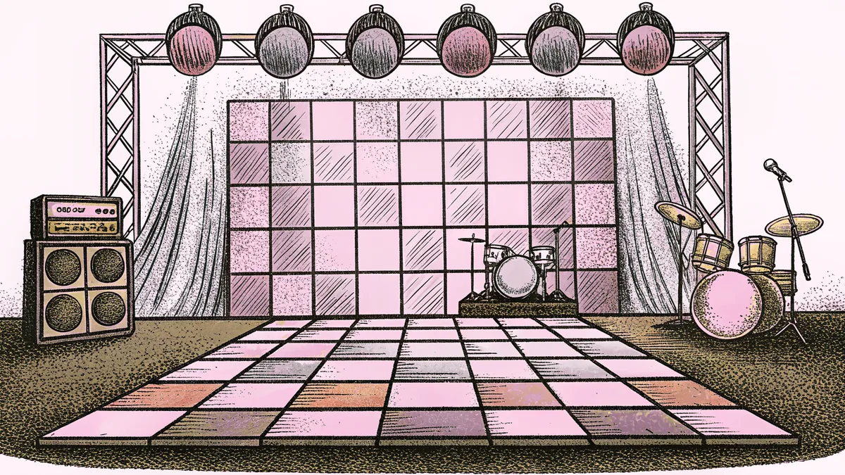 A glittery disco dance floor features a bass guitar and drum kit beneath vibrant stage lighting and spinning mirror balls.