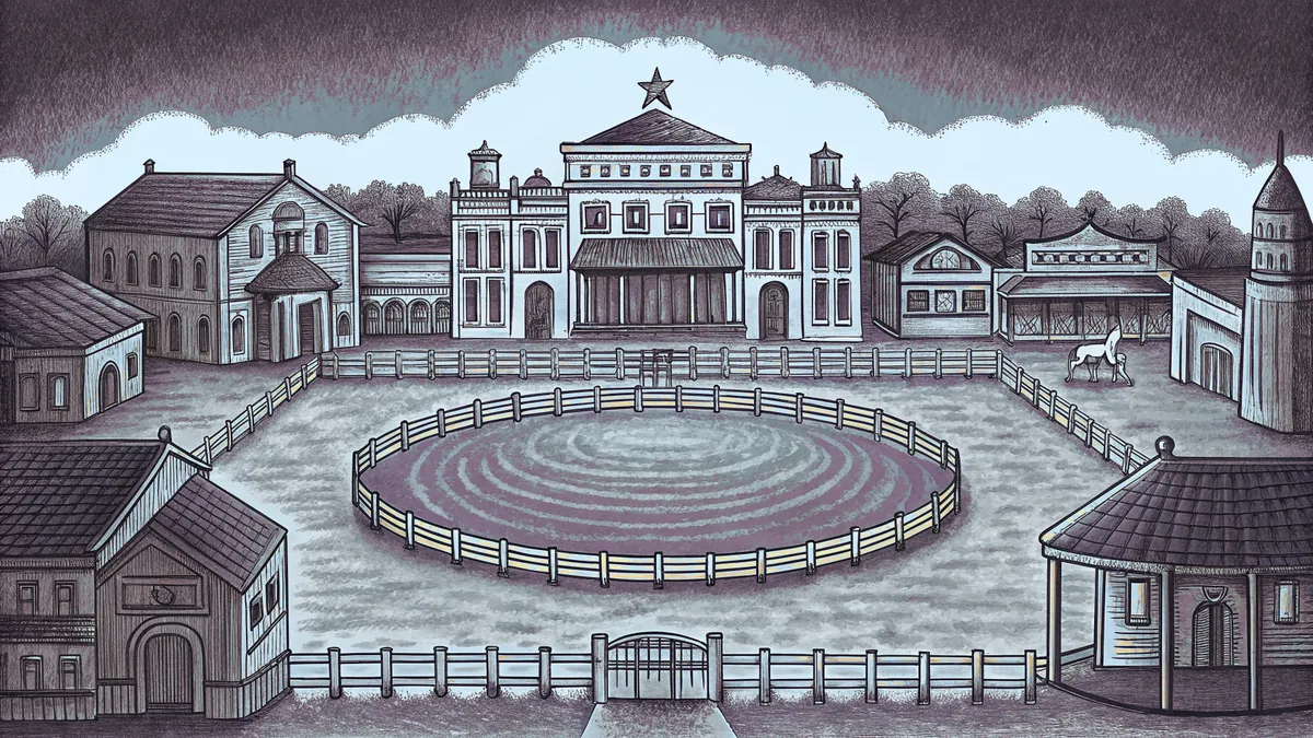 A Wild West frontier town with ranch buildings and open prairie landscape.