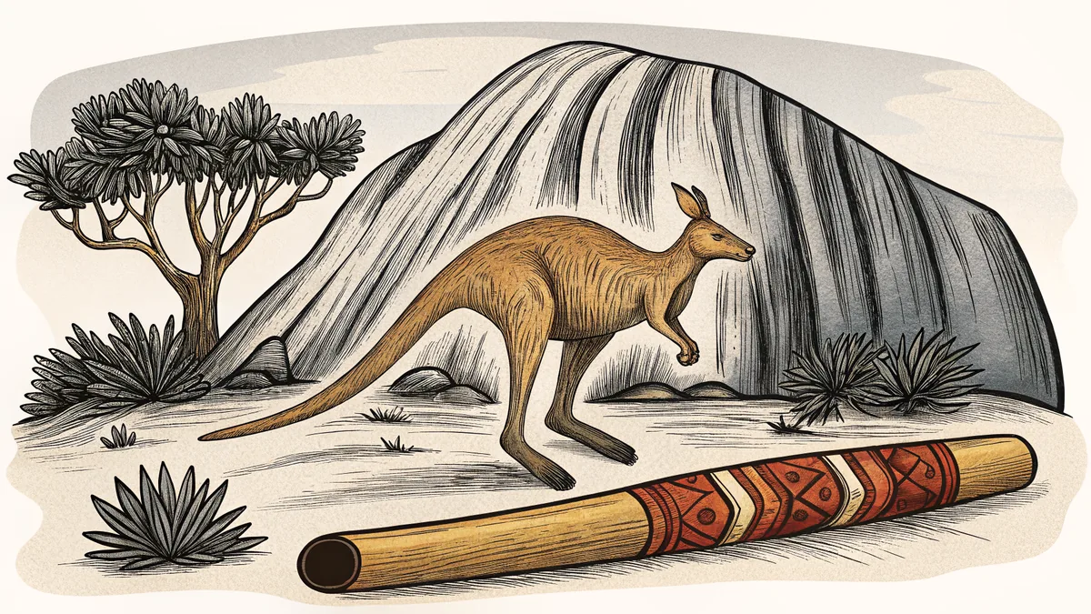 Aboriginal artifacts and a kangaroo before the iconic Uluru rock formation.