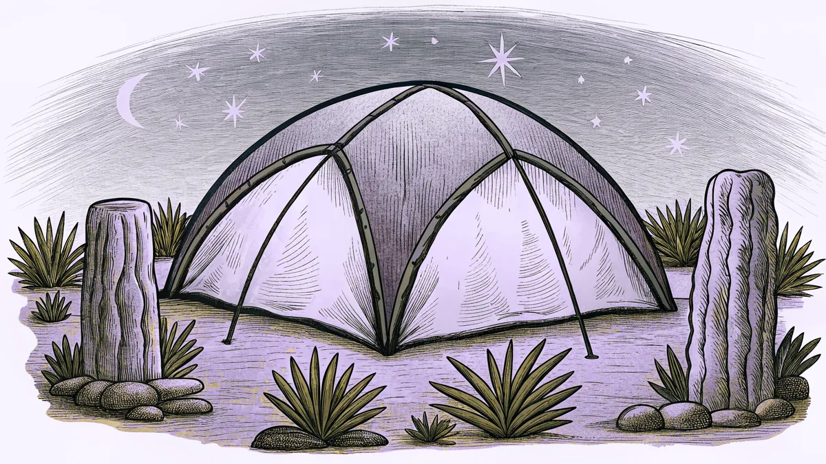 An ancient tent in a desert beneath a starlit sky with a stone altar nearby.
