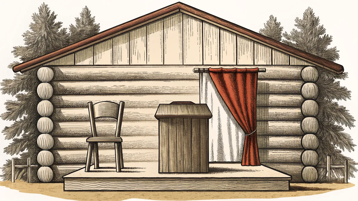 A tall stovepipe hat rests on a wooden chair beside a log cabin and an empty lectern.