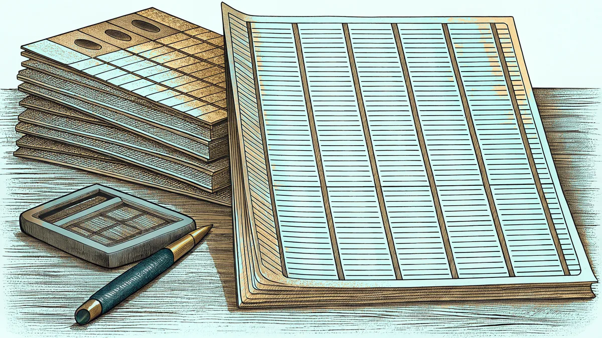 Financial documents and calculation tools illustrate accounting and business record-keeping.
