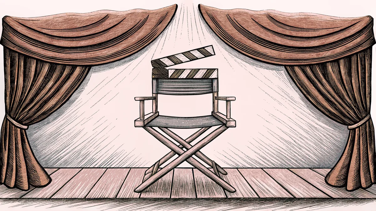 A director's chair and blank clapper board positioned in front of a deep red theater curtain.